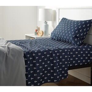 NWTs 2 Flat Sheets Navy Anchor Breathable Soft Microfiber Easy-Wash Twin
